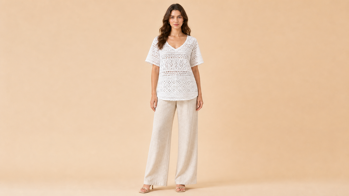 White Short Sleeve Shirt Wide Leg Pants Set Front View