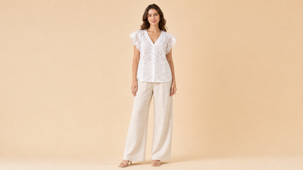 White Crew Neck Top Wide Leg Pants Set Front View