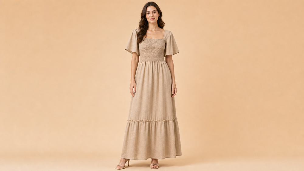 Mocha Ruffle Tiered Maxi Dress Front View