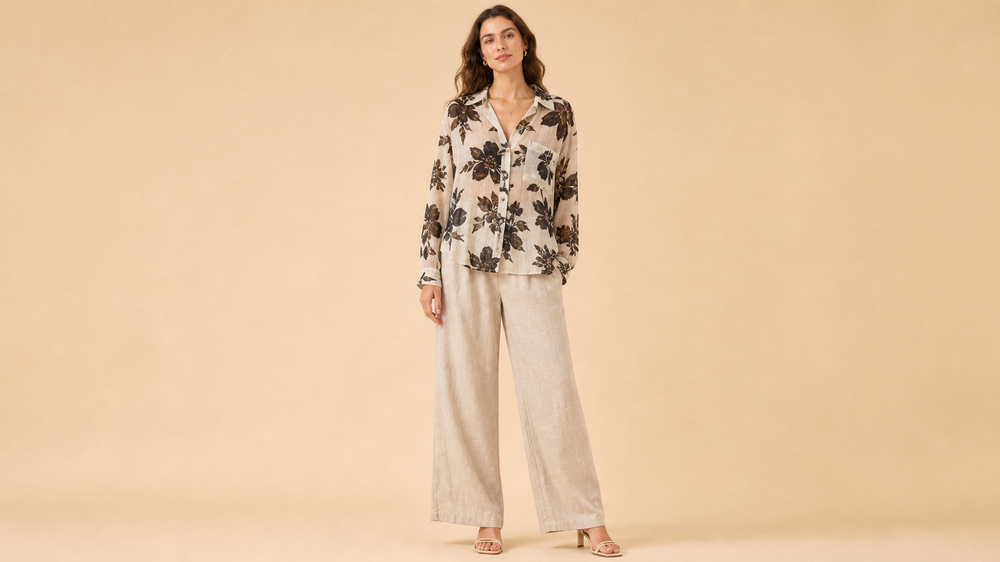 Cream Lace Blouse White Pants Set Front View