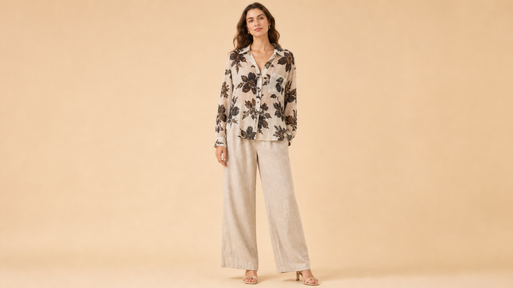 Cream Lace Blouse White Pants Set Front View