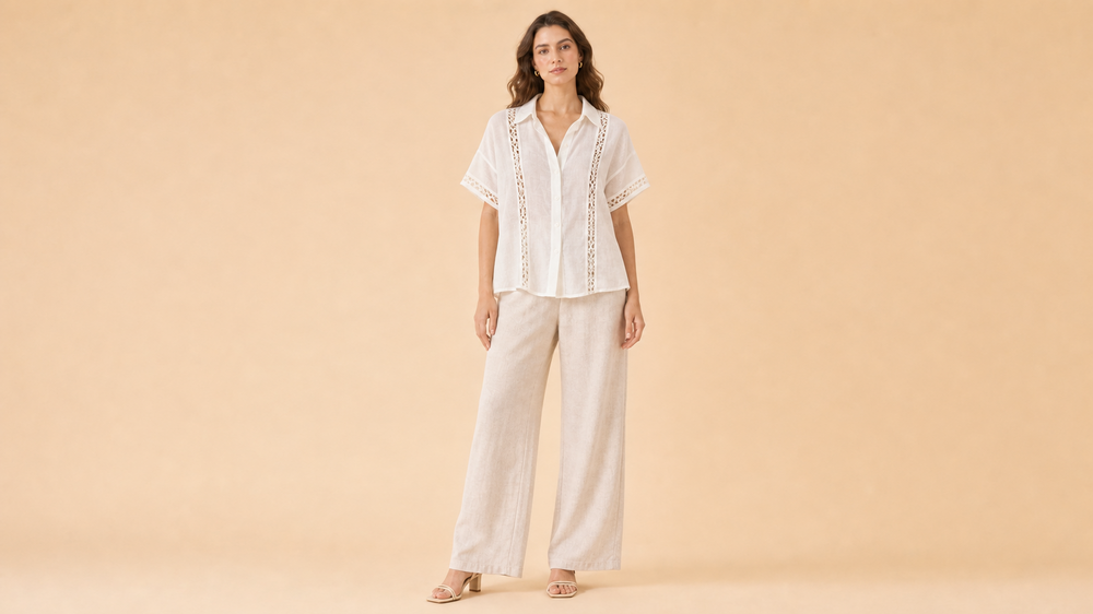 Black Floral Blouse White Pants Set Front View