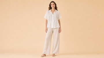 Black Floral Blouse White Pants Set Front View