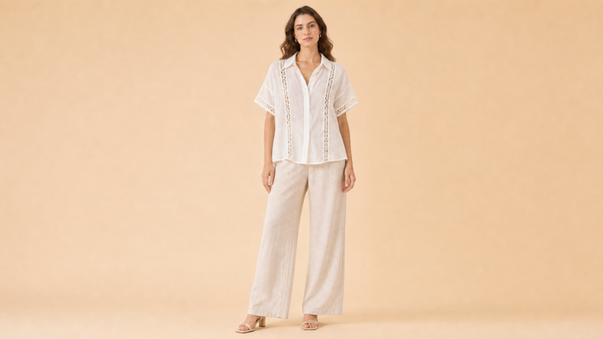 Black Floral Blouse White Pants Set Front View
