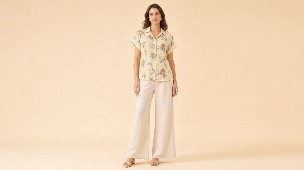 White Short Sleeve Top Wide Leg Pants Set Front View