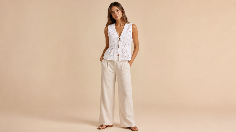 Cream Floral Blouse White Pants Set Front View