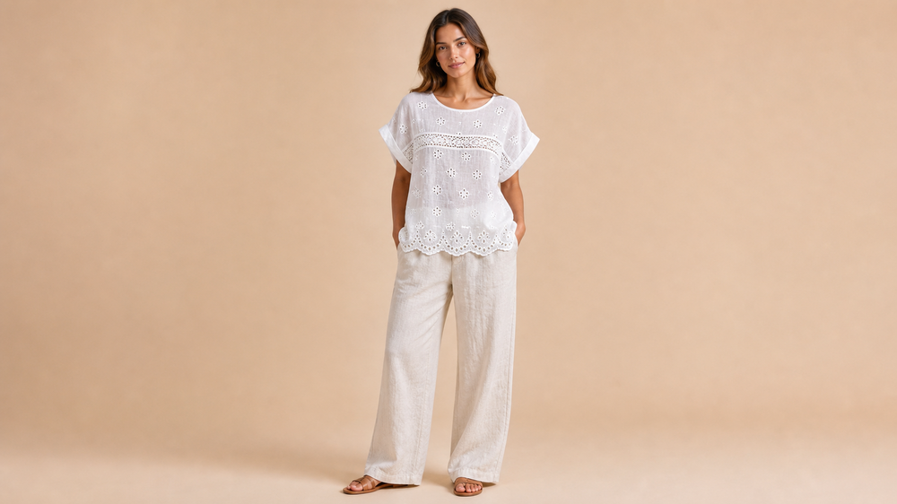 White Ruffle Blouse Wide Leg Pants Set Front View