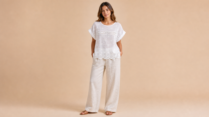 White Ruffle Blouse Wide Leg Pants Set Front View