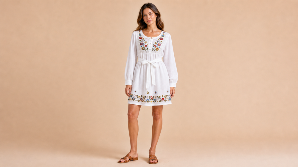 White Patterned Short Sleeve Shirt Dress Front View