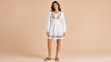 White Patterned Short Sleeve Shirt Dress Front View