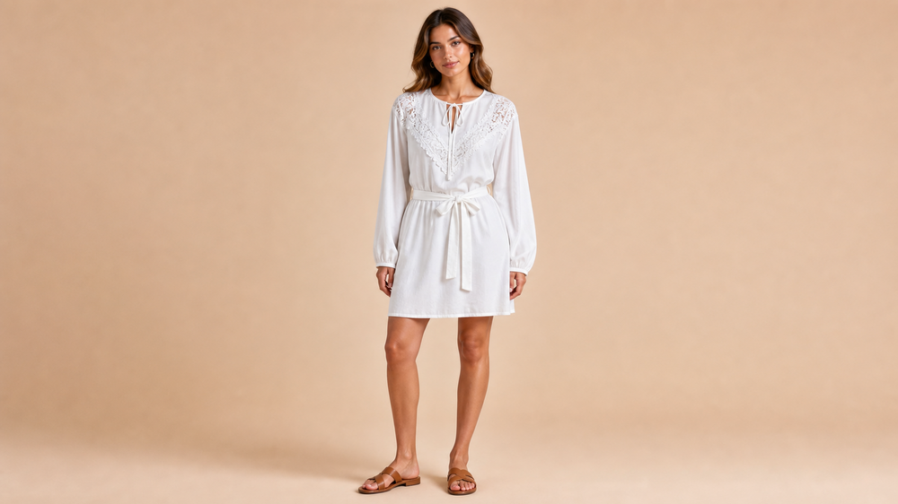 White Tassel Tie Mini Dress Front View