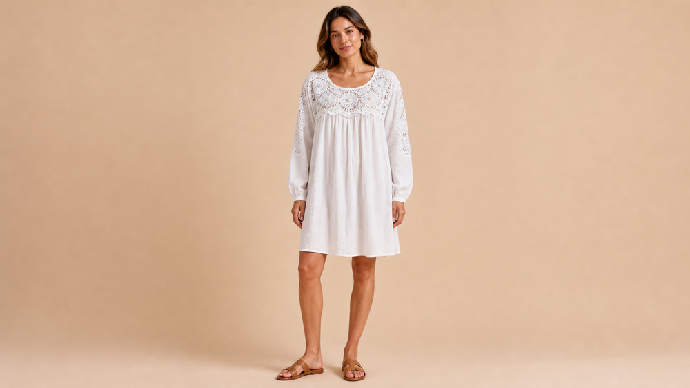 White Embroidered Short Sleeve Mini Dress Front View