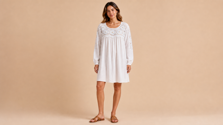 White Embroidered Short Sleeve Mini Dress Front View