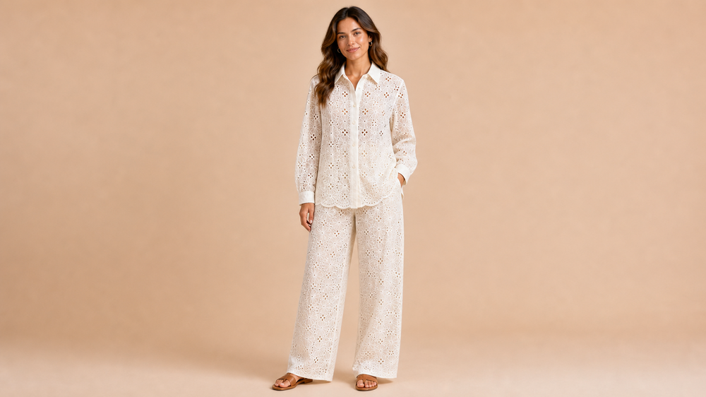 Cream Textured Shirt Pants Set Front View