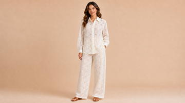 Cream Textured Shirt Pants Set Front View