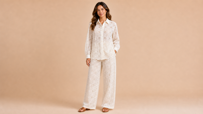 Cream Textured Shirt Pants Set Front View