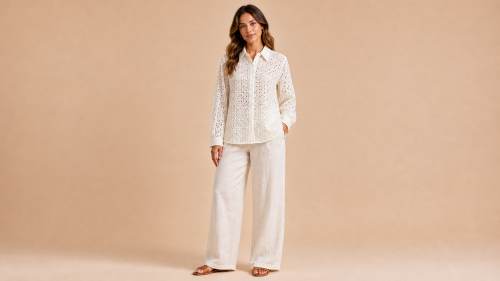 White Relaxed Shirt Pants Set Front View