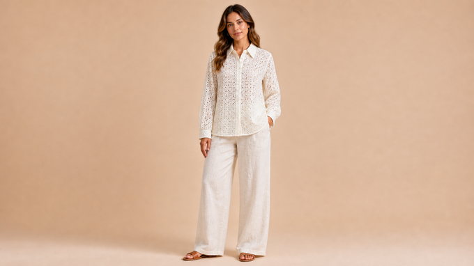 White Relaxed Shirt Pants Set Front View