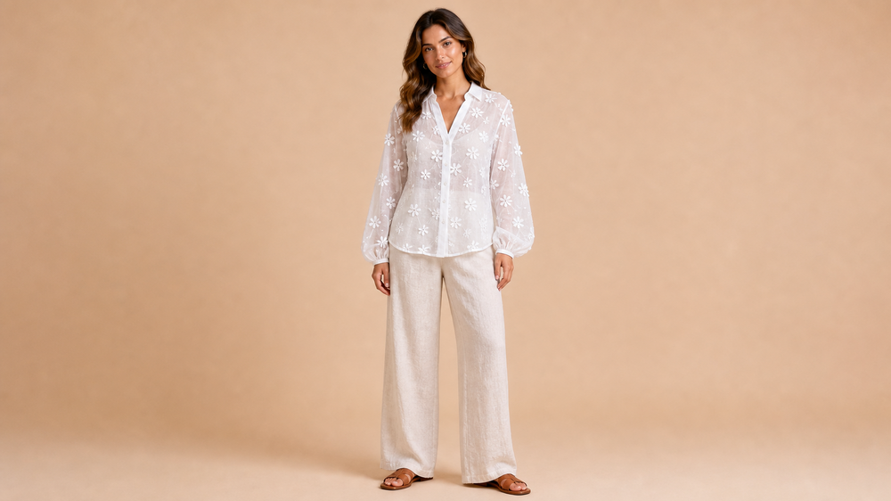 Pink Plaid Shirt White Pants Set Front View