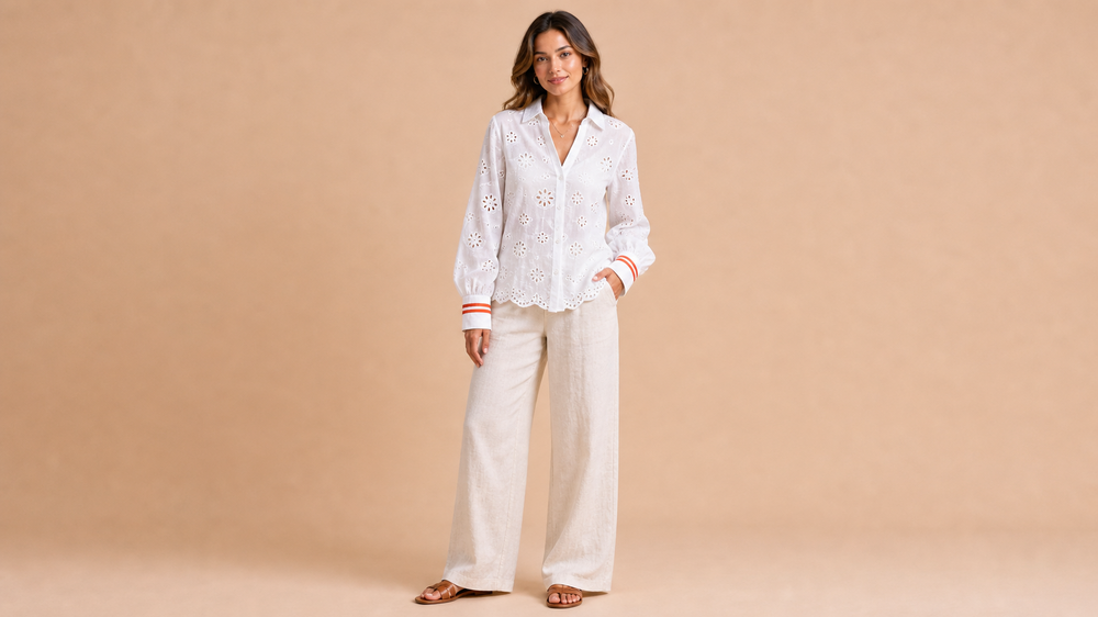 White Lace Blouse Wide Leg Pants Set Front View