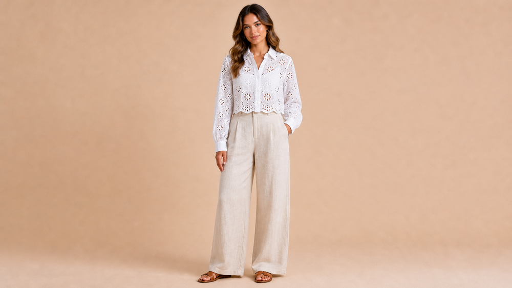 White Tie Front Blouse Pants Set Front View