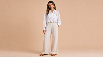 White Tie Front Blouse Pants Set Front View