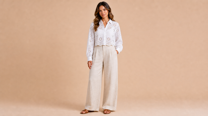 White Tie Front Blouse Pants Set Front View