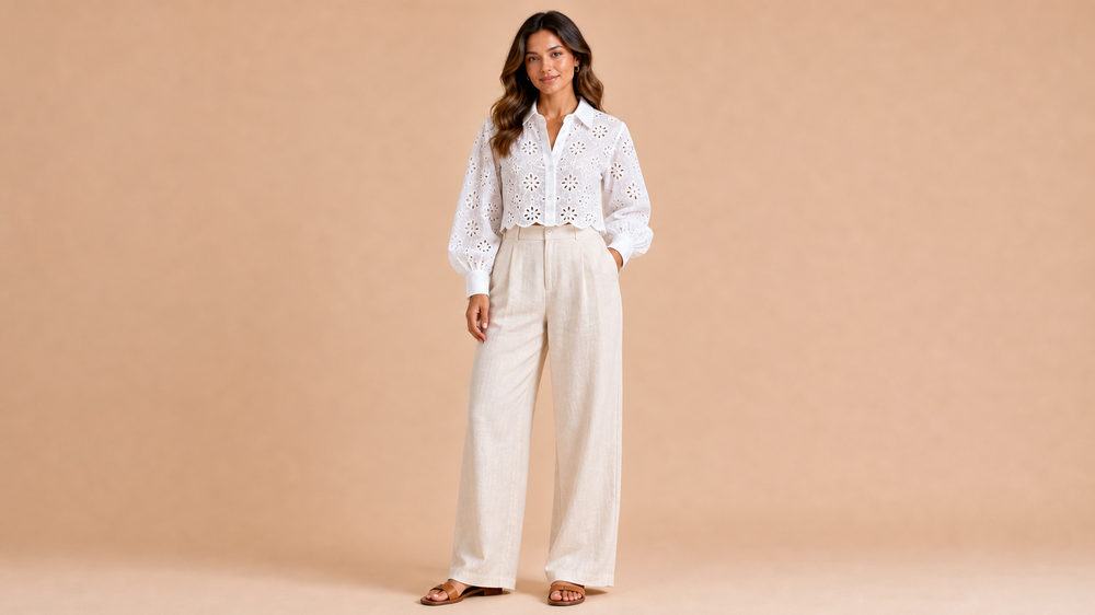 White Long Sleeve Collared Shirt Pants Set Front View