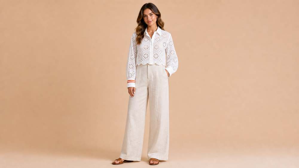 White Ruffle Long Sleeve Blouse Pants Set Front View
