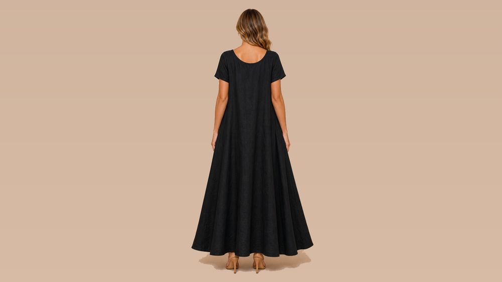 Black U-Neck Short Sleeve Loose Maxi Dress Back View