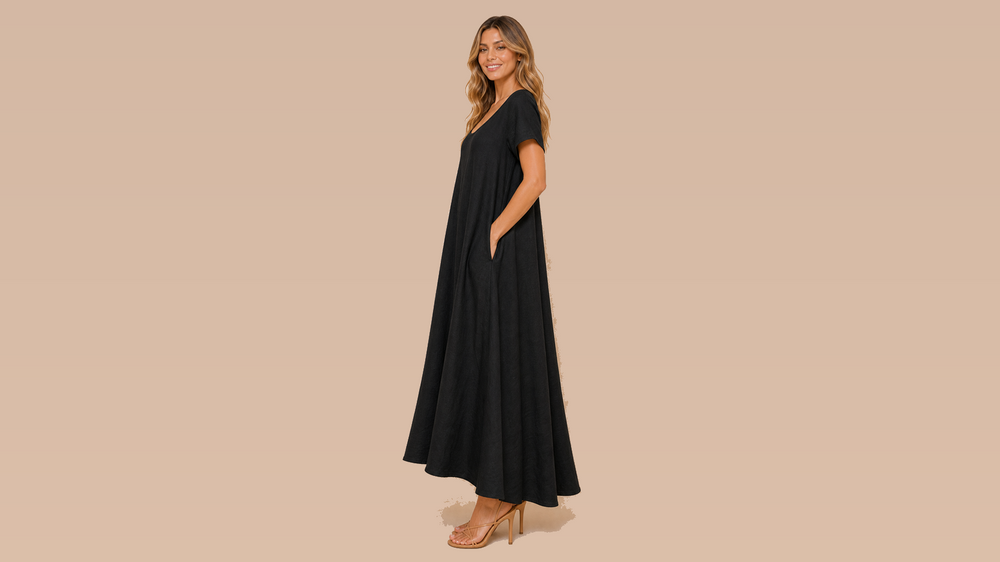 Black U-Neck Short Sleeve Loose Maxi Dress Side View