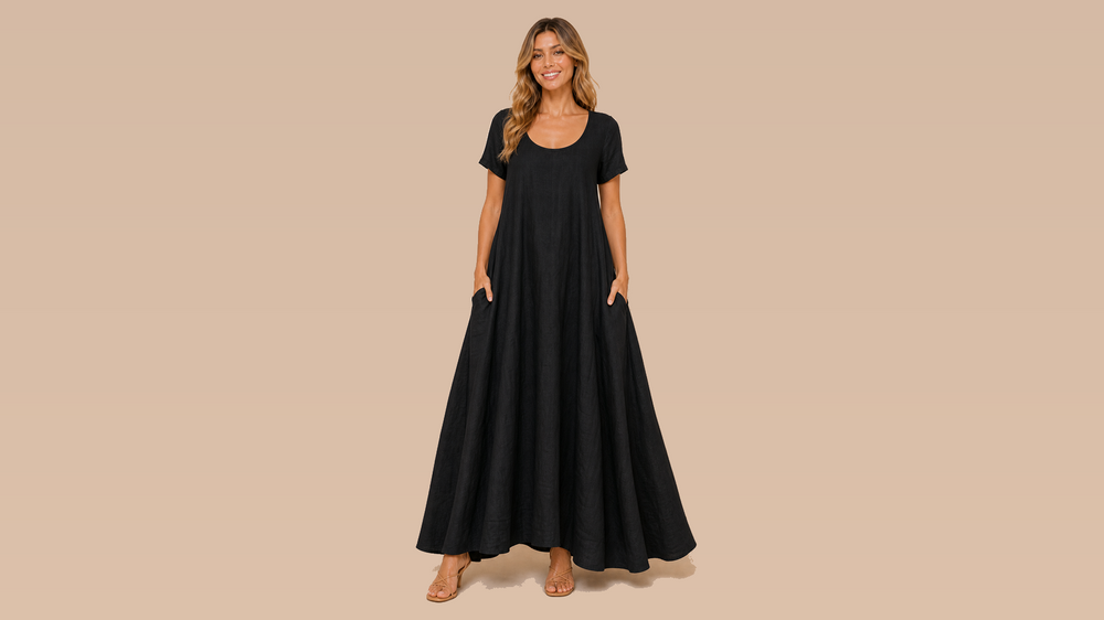 Black U-Neck Short Sleeve Loose Maxi Dress Front View