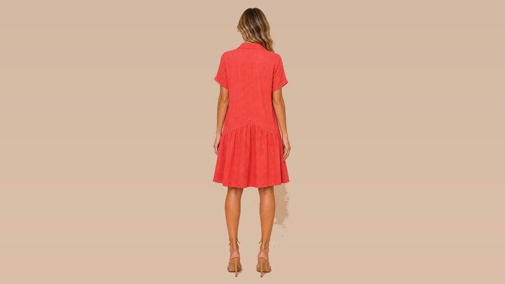 Coral Red Collared Short Sleeve Linen Dress Back View