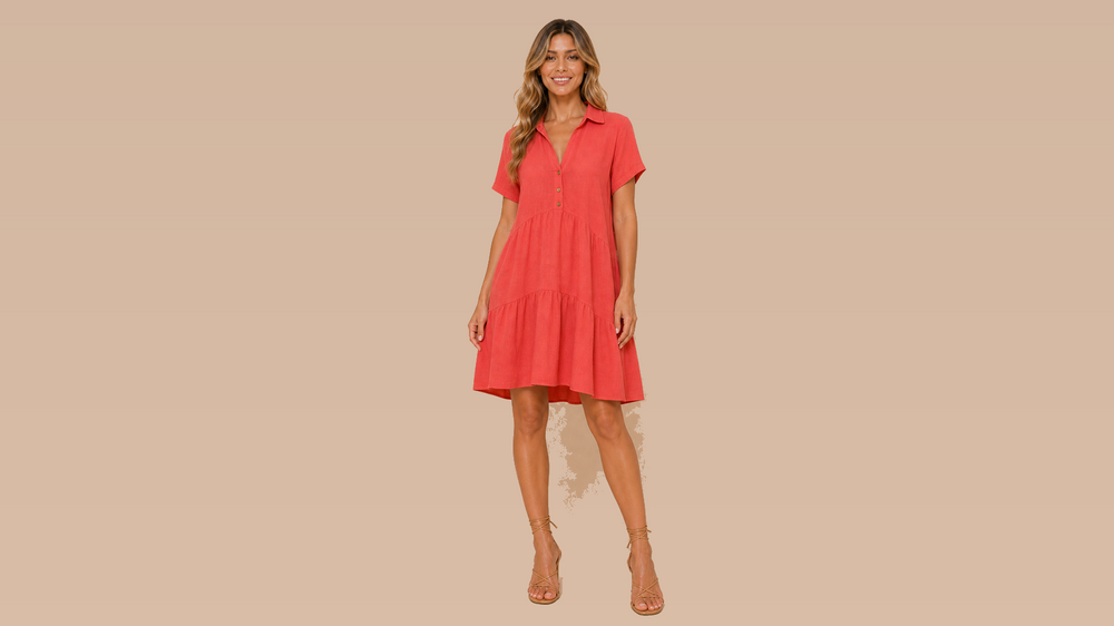 Coral Red Collared Short Sleeve Linen Dress Front View