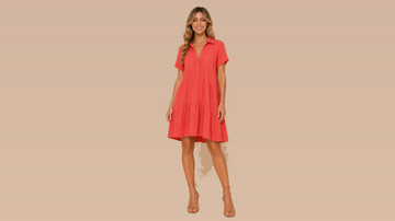 Coral Red Collared Short Sleeve Linen Dress Front View