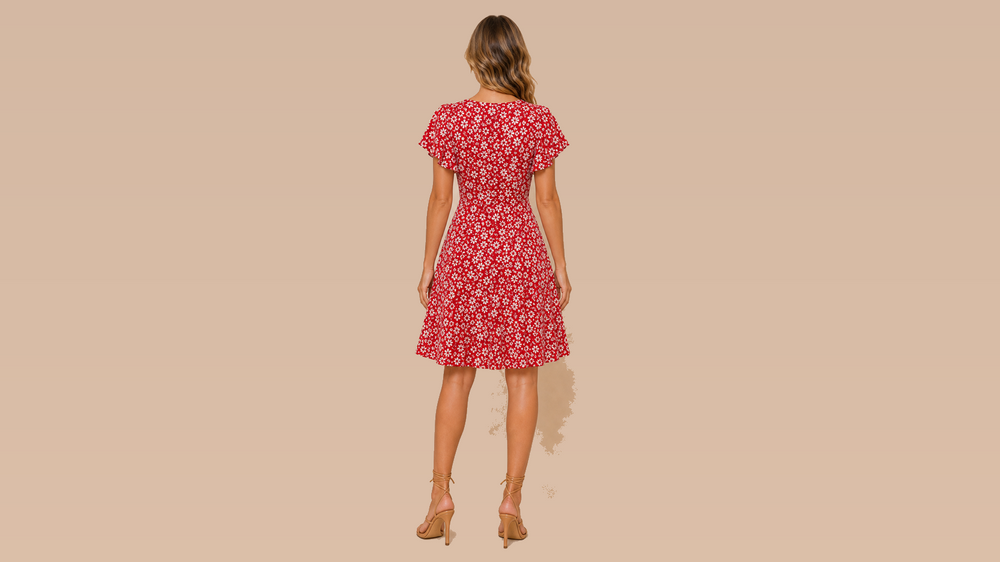 Red White Floral Wrap V-Neck A-Line Dress Back View