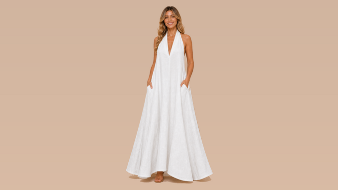 White Halter Pocket Loose Maxi Dress Front View