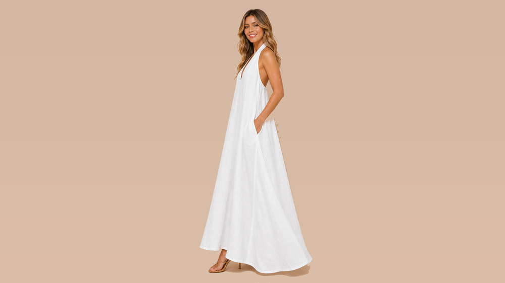White Halter Pocket Loose Maxi Dress Side View