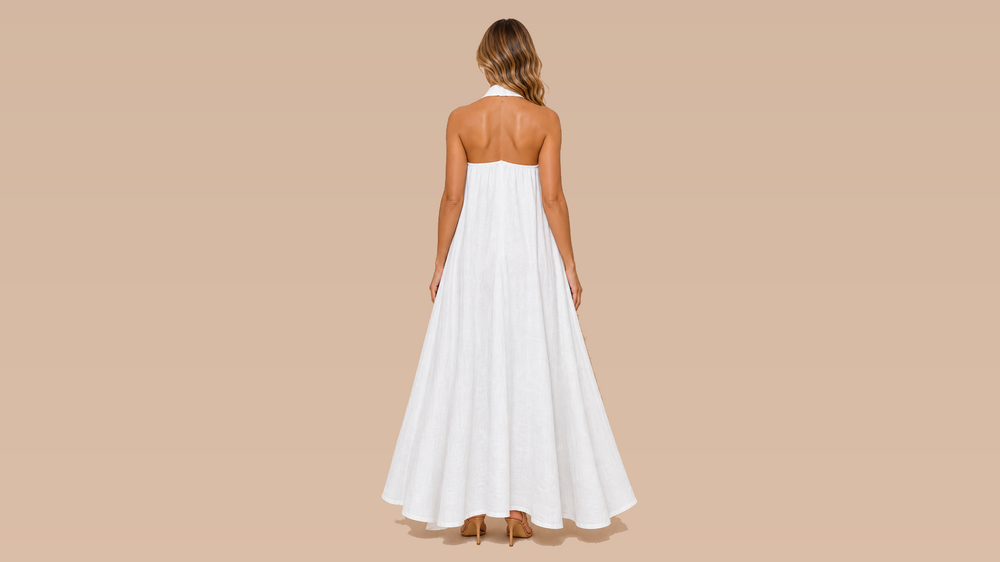White Halter Pocket Loose Maxi Dress Back View