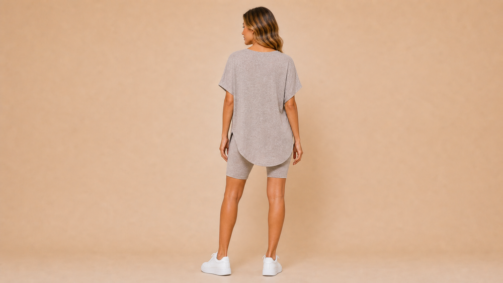 Taupe Batwing T-Shirt Shorts Set Back View