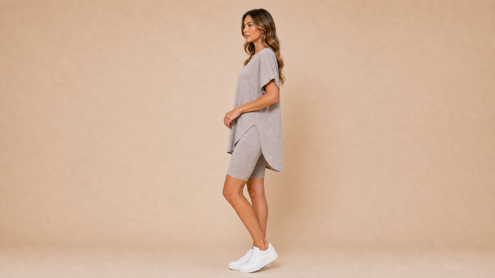 Taupe Batwing T-Shirt Shorts Set Side View