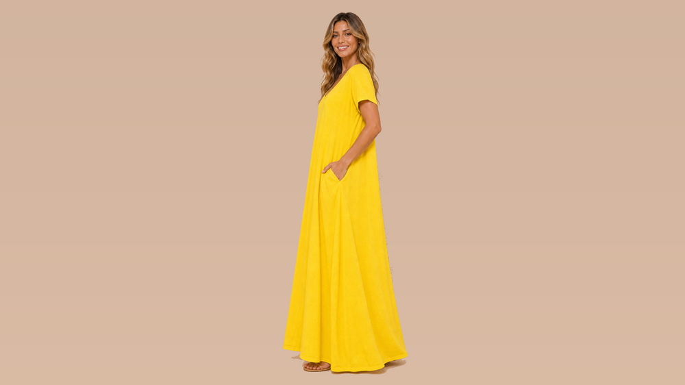 Yellow Loose Pocket Short Sleeve Maxi Dress Side View