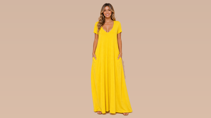 Yellow Loose Pocket Short Sleeve Maxi Dress Front View