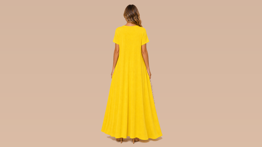 Yellow Loose Pocket Short Sleeve Maxi Dress Back View