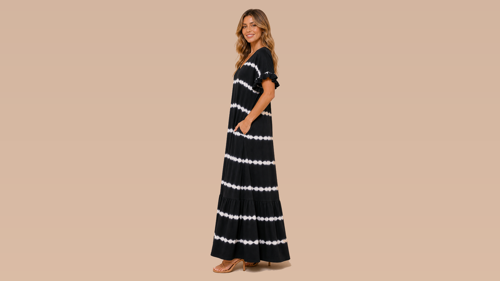 Black White Tie-Dye Stripe Ruffle Sleeve Maxi Dress Side View