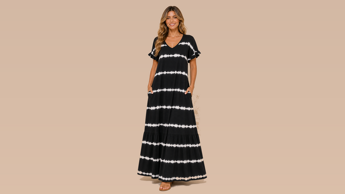 Black White Tie-Dye Stripe Ruffle Sleeve Maxi Dress Front View