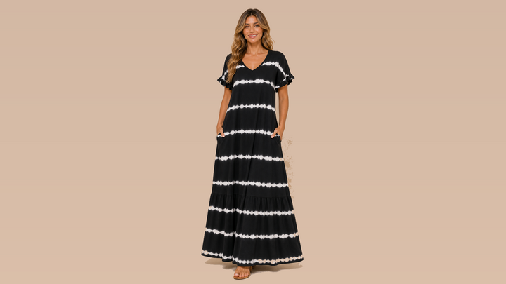 Black White Tie-Dye Stripe Ruffle Sleeve Maxi Dress Front View