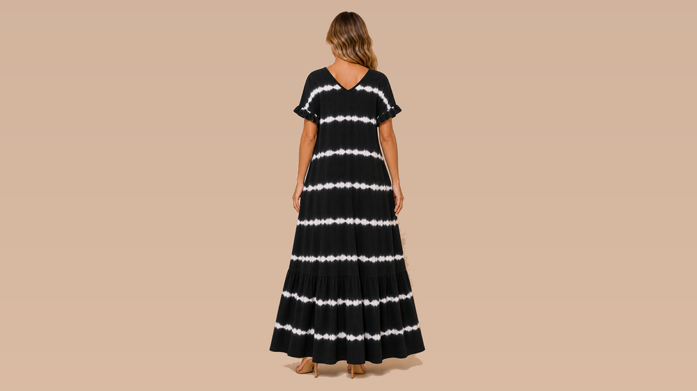 Black White Tie-Dye Stripe Ruffle Sleeve Maxi Dress Back View