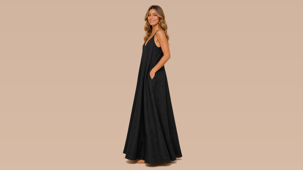 Black Cami V-Neck Pocket Flared Maxi Dress Side View