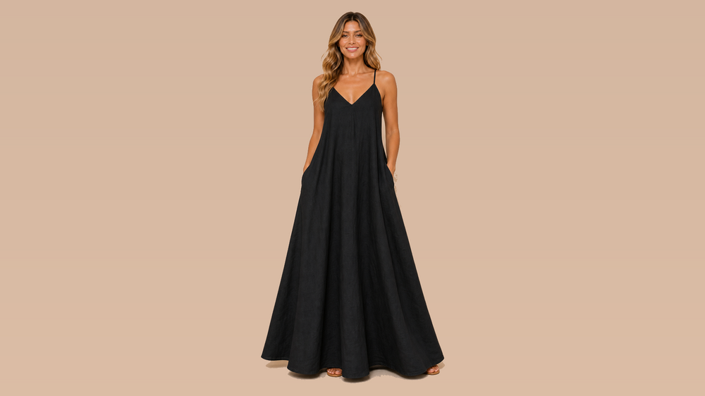 Black Cami V-Neck Pocket Flared Maxi Dress Front View
